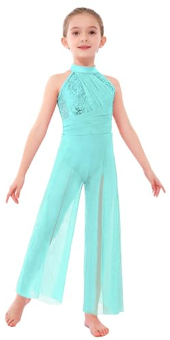 Agoky Mädchen Pailletten Ganzkörperanzug Mesh Spleiß Jumpsuit Overall Neckholder Ballett Trikot Rollkragen Tanz Body mit Lange Chiffon Hose Hosenrock