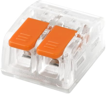 CILIA Verbindungsklemmen 2-polig mit Hebel - 100 Stück Kompakte Dosenklemmen für alle Leiterarten (0,2-4 mm²) – Wiederverwendbare Elektrische Kabelverbinder, Durchsichtig/Orange