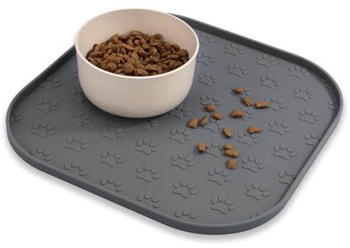 Quadratische Napfunterlage für Hund Katzen, hundenapf unterlage fressnapf Hund Futtermatten aus Silikon wasserdichte rutschfeste Fressnapf mit Rand, Spülmaschinenfest (Grau, 28 x 28 cm)