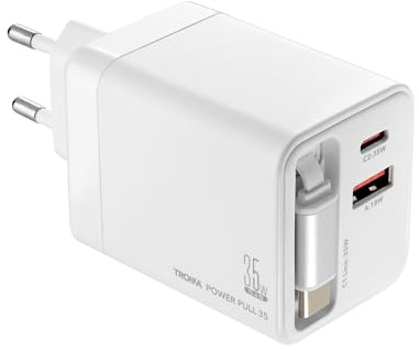 TROIKA Ladestecker mit Schnellladetechnologie Power Pull 35 USB-C und USB-A Anschluss sowie ausziehbarem USB-C Kabel Länge 70cm für gleichzeitiges Laden von Mehreren Geräten, aus Kunststoff in weiß