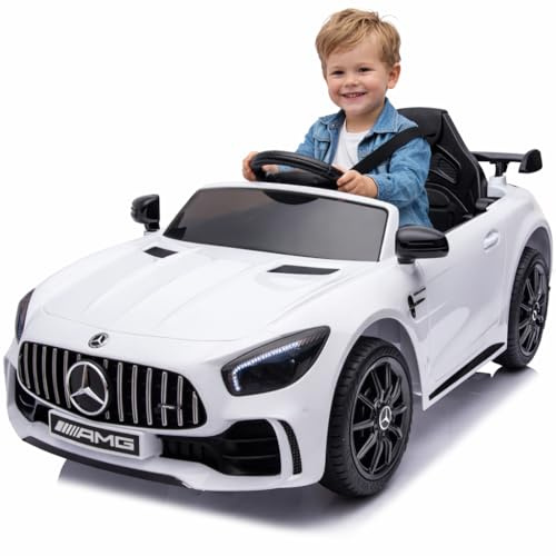 FINOOS Mercedes GTR AMG Elektroauto für Kinder, 12V, elektrische Kinder elektroauto mit Fernbedienung, 2 + 1 Geschwindigkeitsstufen, Hupe, LED, Musik, Bluetooth (Weiß)