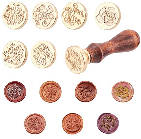 PandaHall Elite DIY Holz Wax Seal Stempel, Alphabet Sammelalbum Messing Briefmarken mit Holzgriff Sets, 7 Stück Verschiedene Form Briefmarken, 25x14mm