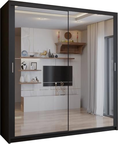 SLIDING WARDROBE 4U Double Mirror Sliding Door Wardrobe with LED LIGHT 90/120/150/180/203 (Black, 203cm)