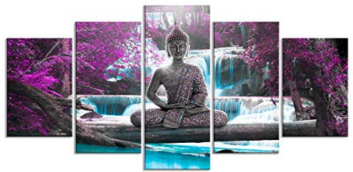 decomonkey - Impression sur Toile Bouddha 225x112.5 5 Pièces - Tableau Décoration Appartement Déco Salon Peinture sur Toile Bouddha nature orienter cascade arbres forêt rivière paysage