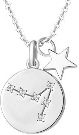 Fische Sternzeichen Kette aus Solide 925 Sterling Silber mit Weiß Vergoldet Anhänger Halskette Einfach Minimalistisch Geschenk Schmuck für Damen Mädchen - Verstellbar Kettenlänge: 40 + 5 cm