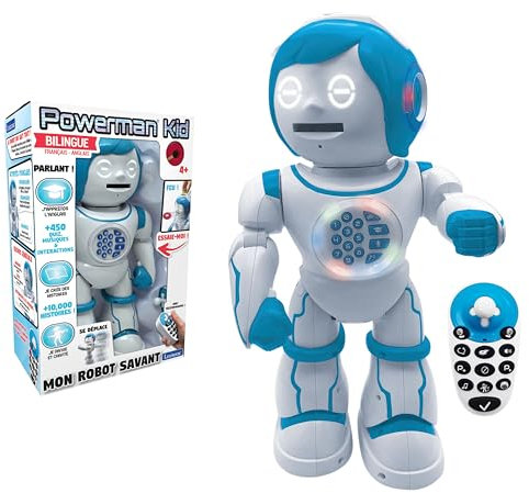 Lexibook Powerman Kid - Robot éducatif Bilingue Parlant Français/Anglais avec Télécommande - Programmable, Dance, Joue de la Musique, Raconte des Histoires 450+ Quiz, Lance des Disques 4+ - ROB90FR