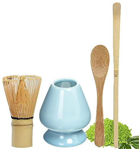 Tiamu Fouet à Matcha Chasen Traditionnel, Matcha pour Matcha Poudre de thé Vert du Japon, Cuillère Fouet et Porte Fouet (Chashaku), Matcha Ceramic Whisk Stand