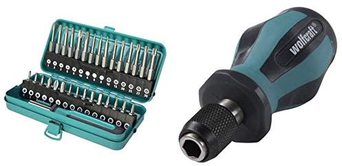 Wolfcraft 1386000 Caja de puntas de seguridad combinadas, 31 pzas. en caja metálica. Puntas 25 mm: hembra cuadrada interior + 1239000 Destornillador manual con portapuntas, 76x54x22mm