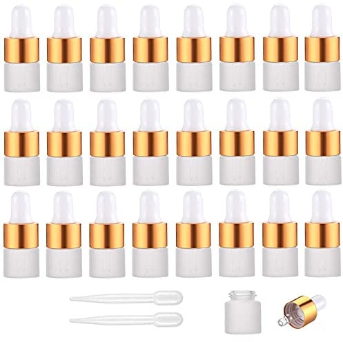 Yalbdopo 24Pcs, 1Ml Frosted Glass Sample Dropper Bottles, Empty Mini Bottles with Dropper Pipettes Golden Aluminum Alloy Cap Refillable Sample Container for Essential Oils Perfume Cosmetic Liquid