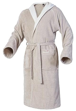 Mount Swiss Bademantel Damen Herren ARBON mit Kapuze aus edler Baumwolle I Morgenmantel flauschig I Frottee Farbe: beige, Grösse: L