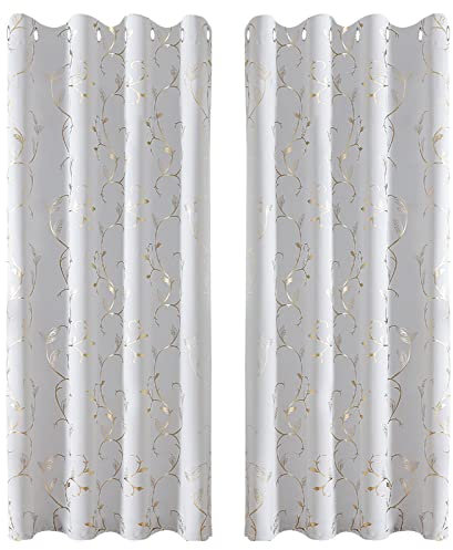 BUHUA 2er-Set Vorhang Blickdicht Verdunkelungsgardinen mit Ösen für Schlafzimmer Fenster Gardine mit Gold Weinstock Musterdruck,H 229 x B 132 cm, Grau Weiß