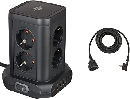 Brennenstuhl Steckdosenturm 8-Fach mit USB (4X USB, zweipoliger EIN-/Aus-Schalter, 2m Kabel) schwarz & Qualitäts-Kunststoff-Verlängerungskabel mit Flachstecker (flach für innen mit 5m Kabel) schwarz