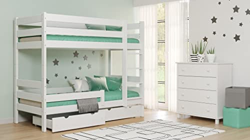 Etagenbett mit Matratze, Lattenrost und 2 Schubladen aus Naturholz Kiefer 80 x 160 cm, Braun Victor LUX