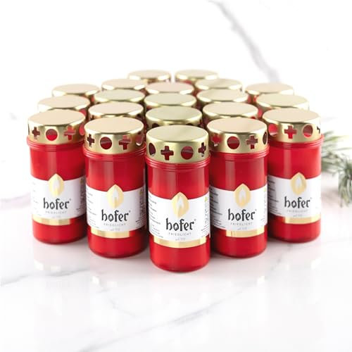 HOFER Lot de 20 Petites Bougies Funéraires Rouges Avec Couvercle - Durée de Combustion 46-54 Heures - Pour Condoléances et Cimetière