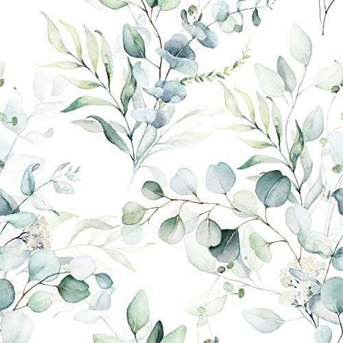 decomonkey Fototapete | Tapetenrolle 10 m Tapete Vliestapete Deko Panel Modern Design Wanddeko Wandtapete Wohnzimmer Schlafzimmer | Design Weiß Blumen Natur Pflanzen Laub Grün Blätter Blau