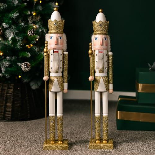 Marco Paul Pair of 70cm Golden Nutcracker Soldier Statue Hand-painted Christmas Decor - 2x Nutcracker Ornaments For Christmas Decorations Indoor Xmas Decorations Large Wooden Nutcracker Toy