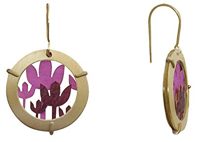 LES POULETTES BIJOUX - Pendientes de Latón Anillo y Flores de Cuero - Fucsia