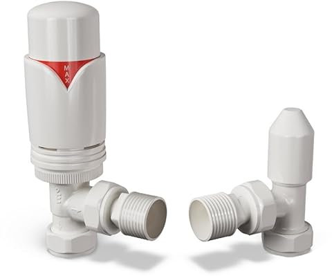 UK Radiators White Thermostatic Radiator Valve and Angled Lockshield Valve - Gloss White Finish - Classy and Modern Design 1/2 x 15mm Angled Radiator Valve