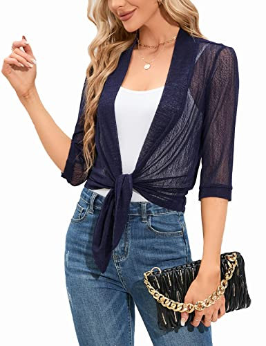 KOJOOIN Damen Bolero Jäckchen 3/4 Ärmel Leichte Strickjacke Sommer Kurze Cardigan Shrug Top zum Knoten (Verpackung MEHRWEG), Dunkelblau, M