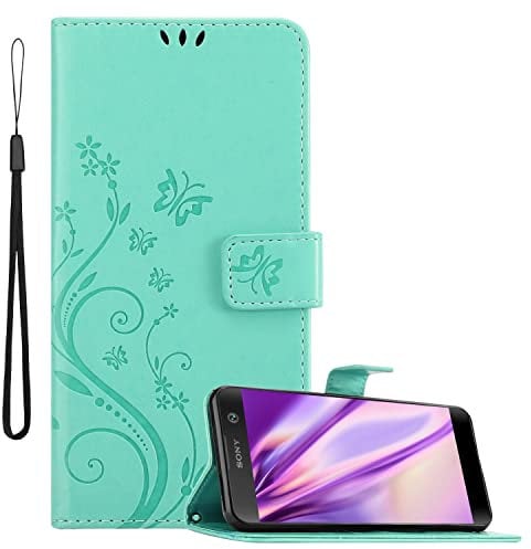 Cadorabo Hülle kompatibel mit Sony Xperia XA2 in FLORAL TÜRKIS - Schutzhülle im Blumen Design mit Magnetverschluss, Standfunktion und Kartenfächern
