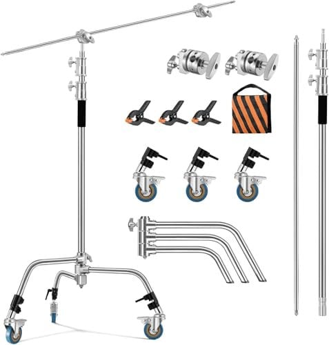 Soonpho C Stand 3m Edelstahl Heavy Duty mit Galgenstativ 330cm und 130cm Haltearm Kit,4 Grip Head Einstellbar,Lichtstativ,für,Softbox,Aufnahmestudio,Monolights,Fotoreflektoren,Flash,Kamera