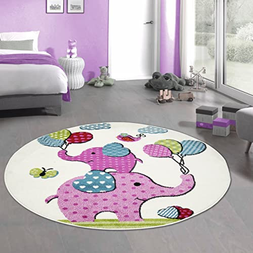 CARPETIA Süßer Kinder-Teppich mit Elefanten & Luftballons | in Creme rosa, 120 cm rund