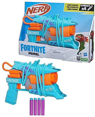 Nerf Fortnite Primal Blaster, 4-Dart Blasting, Fortnite Primal Equipment Design, 4 Nerf Elite-Darts, Fortnite Nerf Blaster