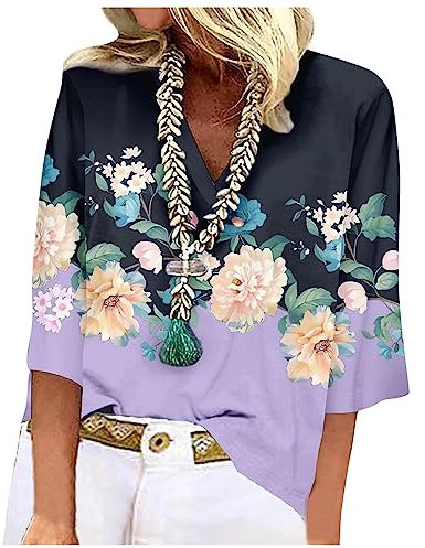 TIMEMEAN T-Shirt à Manches 3/4 pour Femme - Chemise Popeline Rose Pale Bohème - Blouse à Fleurs - Top Training Smocké - Col Français