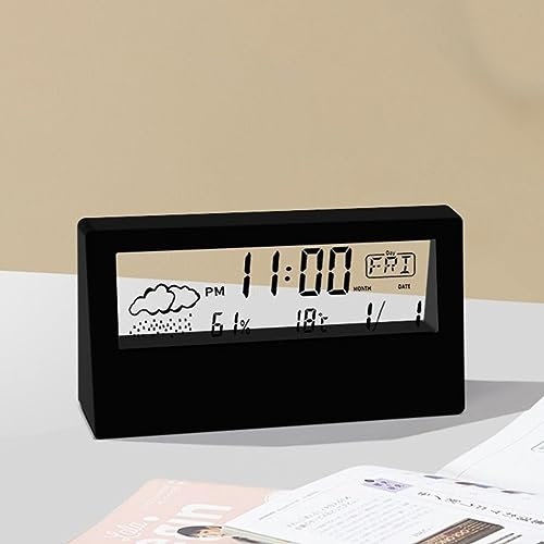 Thermo-Hygrometer Uhr, Wetteranzeige Digitaler Elektronischer Wecker, Transparenter LED Großbildschirm Wecker mit Schlummertaste, Schwarz