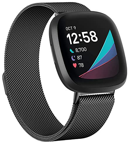 Oumida Armband für Fitbit Versa 3/4, Sense/Sense 2 - Edelstahl Metall Ersatzband Mit Starkem Magnet für Damen und Herren, Groß Schwarz