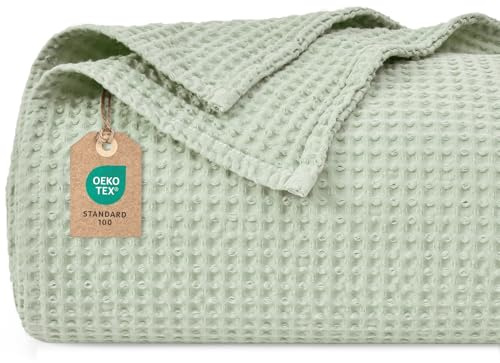PHF 100% Baumwolle waffledecke Kuschedecke 130x150cm, leicht & atmungsaktiv, perfekt für das ganze Jahr - Oeko-TEX® Zertifiziert - Hotelwäschequalität - Ideal für Sofa Couch Bett, Grasgrün
