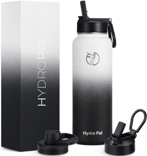 HydroPal Edelstahl Trinkflasche - 750ml, 1L, 1,2L, BPA-Frei, Kohlensäure geeignet, Isolierte flasche mit Strohhalm & 2 Deckel, Auslaufsichere Isolierflasche für Sport (Weiß/Schwarz, 1200 ml)