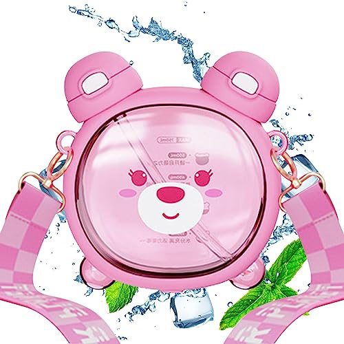 Kawaii Bär Wasserflasche, Trinkflasche Mit Strohhalm 750ML, Tragbare Cartoon Trinkflasche Mit Verstellbarem Schultergurt Für Schul Reisen Picknick Im Freien