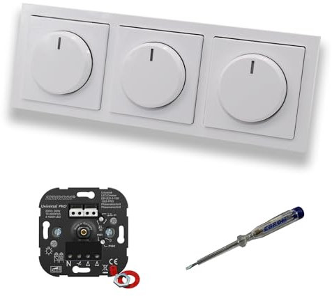 EBROM 1002 Universal PRO (3 Stück) LED Drehdimmer Dimmer + Busch Jäger Dimmerscheiben 6540-84-102 in Future Linear Studioweiß glänzend im 3-fach Rahmen inkl. EBROM Phasenprüfer zur Montage der Geräte