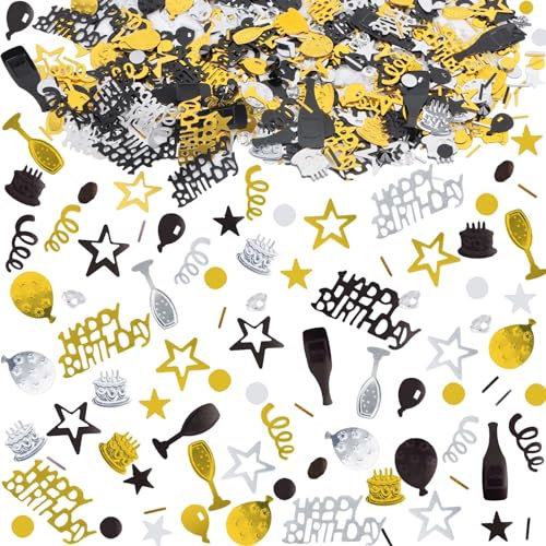 Lot de 1000 confettis de table Happy Birthday - Dorés et noirs - Décoration de table d'anniversaire - Confettis de fête d'anniversaire - Décoration de confettis pour anniversaires, fêtes
