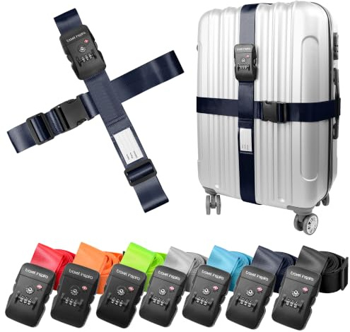 travel inspira TSA Candado Maleta Viaje Cruzadas, Cinta Maleta Seguridad | Marino, con Cerradura de 3 Dígitos, Etiqueta de Nombre, Fácil de Identificar, Ajustables Hasta 205 cm, Anti-Explosión