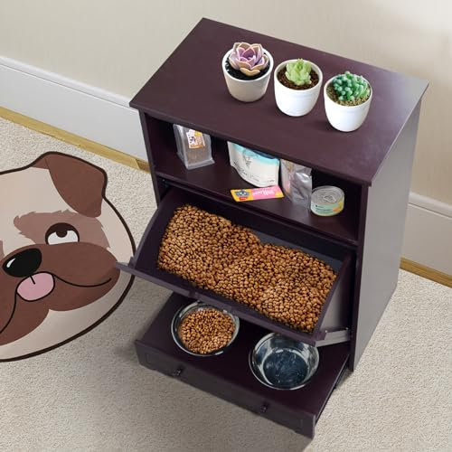 Pet Food Storage Container, Dog Feeding Station with 2 Stainless Bowl, Storage, Shelf Pet Toy Storage Organizer, Waterproof
