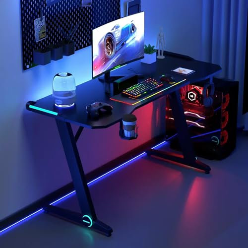 Gtzly Gaming Desk with RGB Lights, Z-shape Computer Desk Gaming Desk with Carbon Fiber Desktop, Ergonomics Computer Desk, 120 X 60 X 76cm