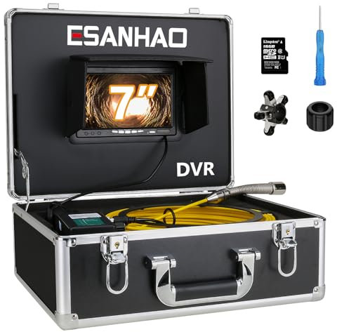 ESANHAO Inspektionskamera Kanalkamera 30m mit DVR Funktion, Rohrkamera mit Licht wasserdichte IP68, 7-Zoll-IPS-Farbmonitor (16-GB-Karte)