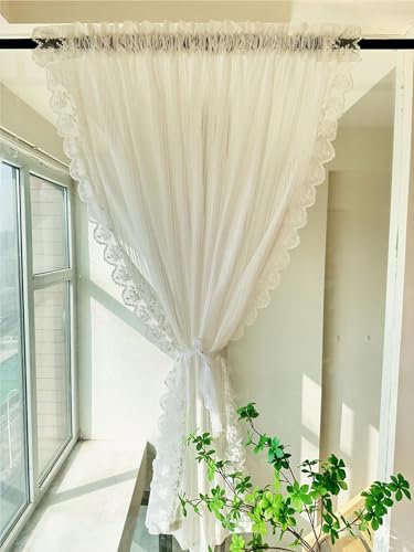 Vordesack Jacquard Scheibengardine Landhausstil mit Streifen Muster und Spitzenkante transparente Gardine mit Stangendurchzug in Küche, Wohnzummer 1 Stück Weiß HxB 140x130cm