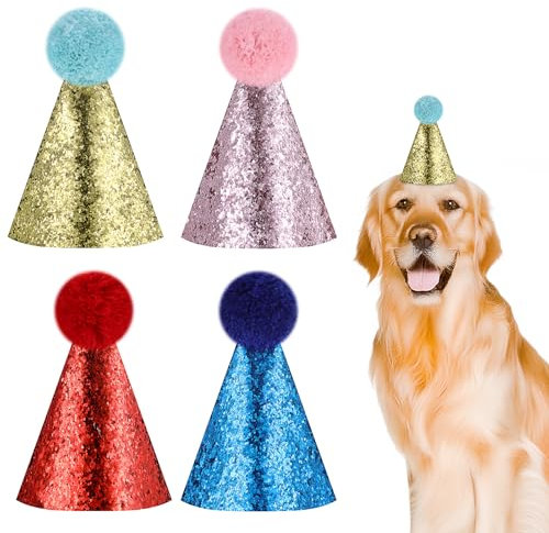 4 Stück Hund Geburtstag Hut Haustier Geburtstagshut Party Dekorationen Mehrfarbige Hundehüte Hunde Geburtstag Niedliche Katzen Hundegeburtstag Hüte mit Bommeln für Hochzeiten Welpen Kätzchen Partyhüte