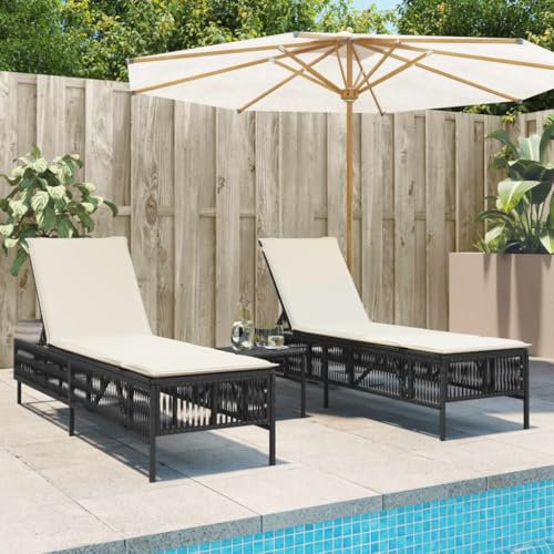 Somanki Sonnenliegen 2 STK. mit Tisch Schwarz Poly Rattan, Gartenliege, Liegestuhl, Sonnenstuhl, Sonneninsel Outdoor, Liegen, Gartenmöbel, Bäderliege, Relaxliege - 4002746
