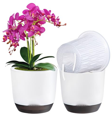QCQHDU 2Pack orchid pots,5.8In large self watering orchid plant pots indoor, Clear Plastic Pots with Holes and Detachable Water Reservoir(white)
