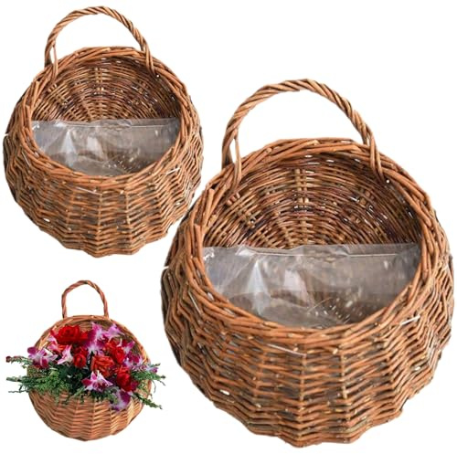 Hängender Pflanztopf, 2 Stück, natürlicher Rattan-Pflanztopf, Vintage-Wandbehangkorb, Aufbewahrungs-Pflanzkorb, Rattan-Wandbehang, Blumentopf für Haus, Garten, Zimmerpflanzen, Rattan-Farbe, Pflanzkorb
