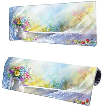 Gaming Mouse Pad Flower, Large Mouse Mat XXL 900x400x3mm, Window Mousepad Desk Mat with Non-Slip Rubber Base, Water-Resistant Surface Mousemat, Stitched Edges Desk Pad for Home Office Gaming Room X-7