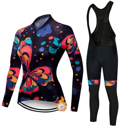 Completo Ciclismo Donna Invernale Abbigliamento Bici MTB Tuta da Ciclista Termico Vello,Maglietta Bicicletta Giacca Manica Lunga e Salopette Pantaloni con 19D Gel Imbottiti,Completi Maglia da Ciclo