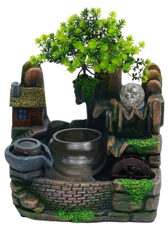 Zimmerbrunnen mit LED Bunten Lichteffekten, Tisch Wasserfallbrunnen - Moderne Zen Deko, Wasserspiel Nebel Befeuchtung, Meditation Entspannung