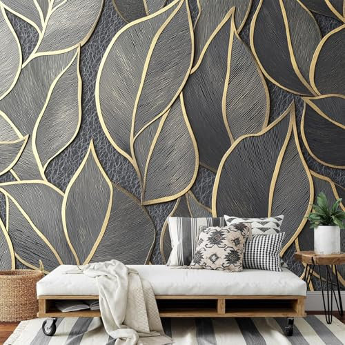 DLERFLOVR Papier Peint Panoramique Feuilles D'Or - 350x250cm - Revêtement mural décoration salon - Plantes En Ligne 3D Poster Geant pour Salon Chambre restaurant Décoration