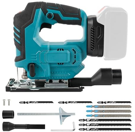 Brushless Cordless Jig Saw, Electric Jigsaw Tool Compatible with Makita 18V, ±45°Bevel Cutting Angle, with 9 Saw Blades for Wood Metal Cutting