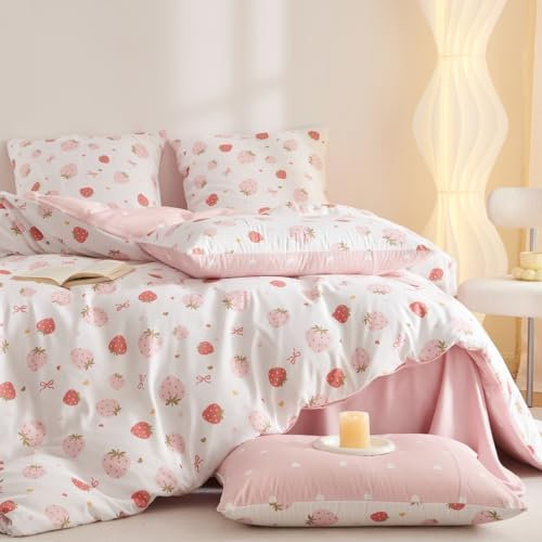 Lanqinglv Bettwäsche 135x200 Mädchen Rosa Erdbeeren Aesthetic Bettwäsche Kinder aus Microfaser,ÖKO-TEX Bettwäsche Set Herzen - Bettbezug mit Reißverschluss und 1 Kissenbezug 80x80 cm
